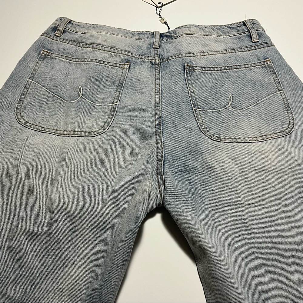 By Egreis Archie Jean Women Large Blue Denim Wide Leg High Waist Crisscross NEW - Picture 12 of 15